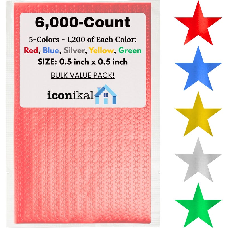 Iconikal 6,000-Count Bulk Metallic Foil Reward Stars Stickers, Blue, Red, Silver, Gold, Green - Image 1